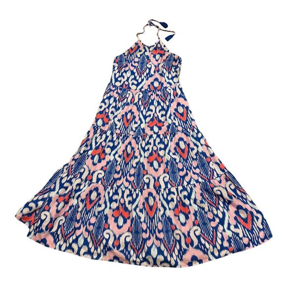 Crown & Ivy Cotton Halter Neck blue pink Maxi Dress open smocked back size L - Picture 2 of 13